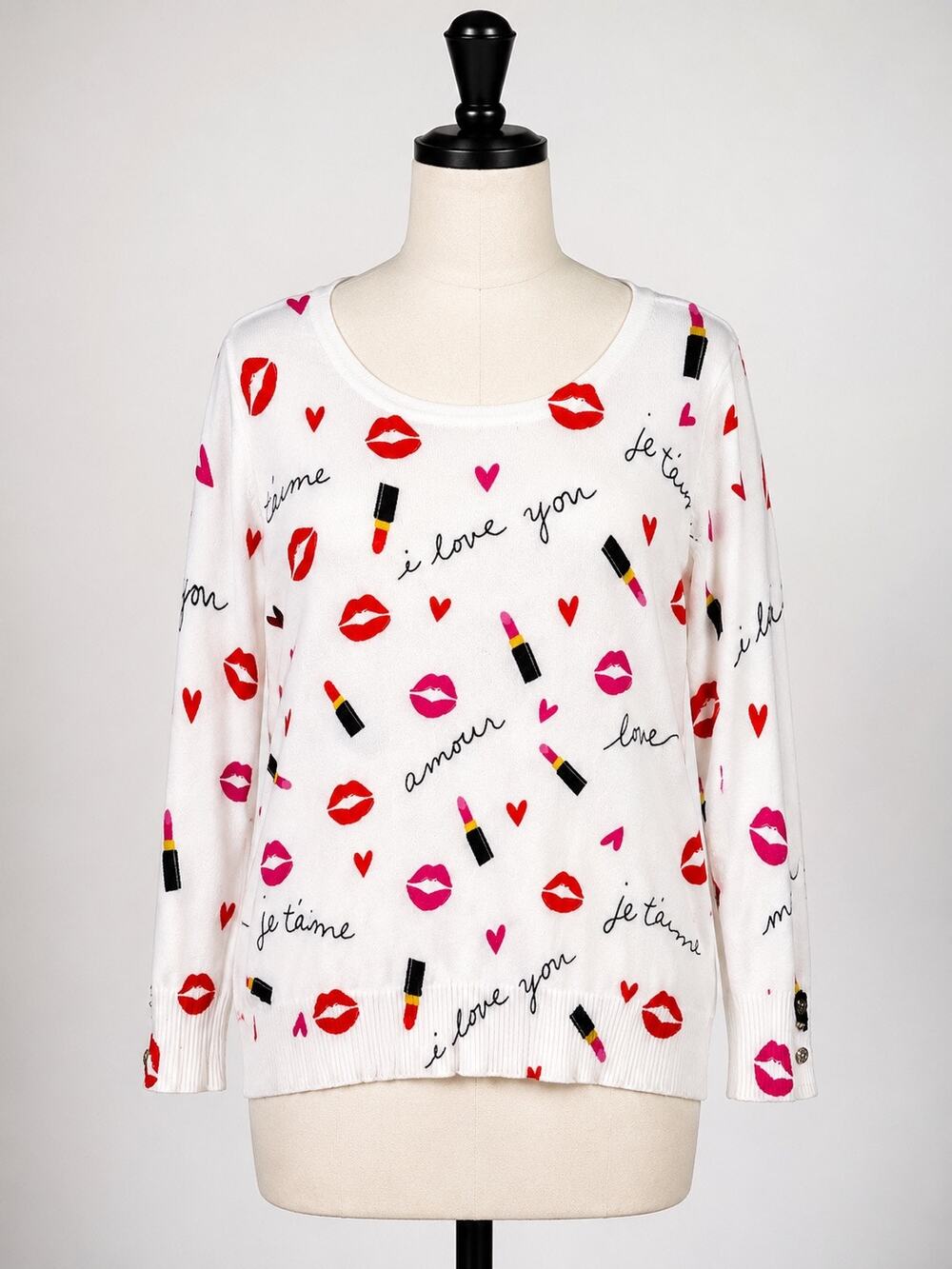 Joseph A Lipstick Lips Heart Print Sweater L Paris Chic Valentine 3/4 Sleeve
